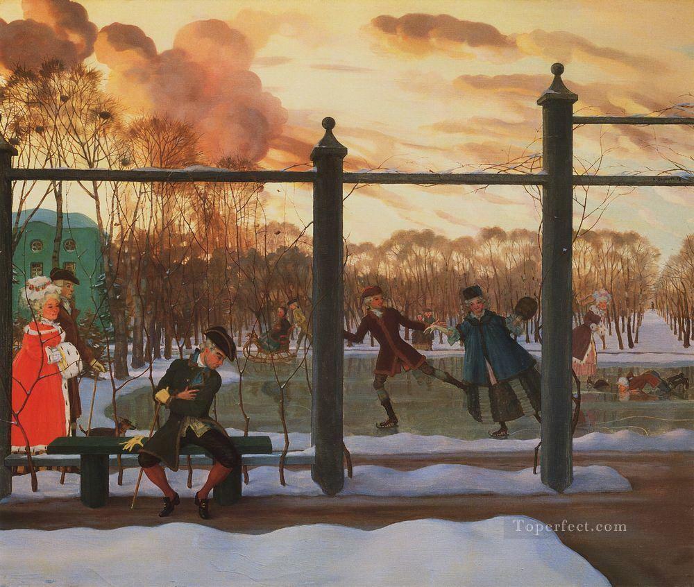 1915 年の冬のスケート リンク コンスタンチン ソモフ油絵